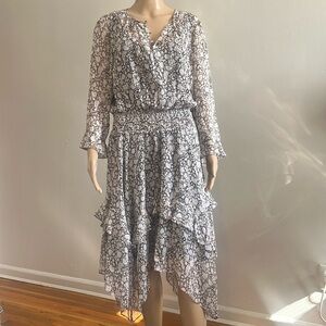 Shoshanna Floral Print Handkerchief Hem 3/4 Sleeve Silk Midi Dress Size 12